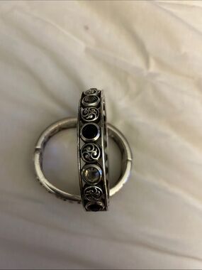 Silver Tone Women's Hinged Bangle Bracelet with Black Gem Accents